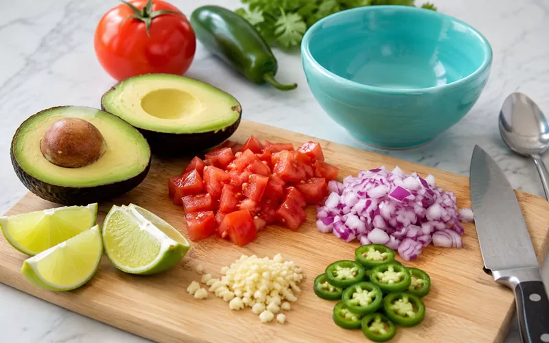 Fresh ingredients for avocado salsamole guacamole with halved avocados, chopped tomato, red onion, jalapeño, lime, garlic, and a turquoise bowl.