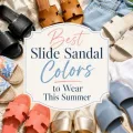 Women’s slide sandals in summer colors arranged around centered title text for Best Slide Sandal Colors to Wear This Summer.