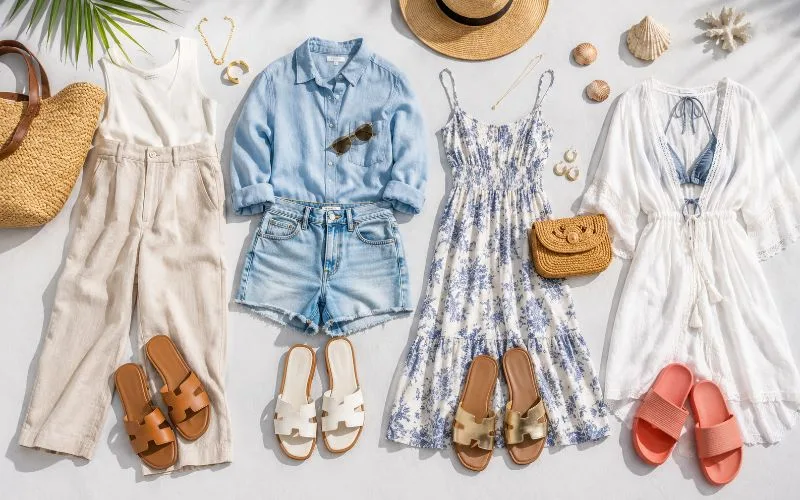 Summer outfits styled with slide sandals, including linen pants with tan slides, denim shorts with white slides, a sundress with metallic slides, and a beach coverup with coral slides.