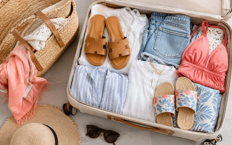 Open suitcase packed for a summer beach vacation with linen clothing, denim shorts, sunglasses, a woven beach bag, tan slide sandals, and patterned slide sandals.