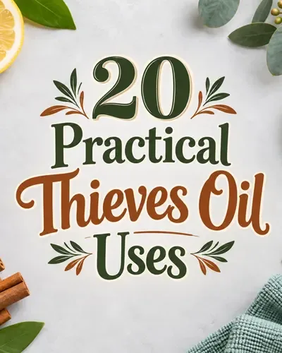 Thieves oil ingredients and household accessories surrounding the centered article title