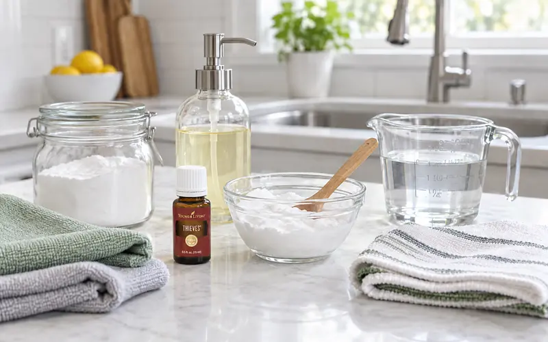 Thieves oil beside baking soda, dish soap, microfiber cloths, and a freshly prepared household cleaning solution