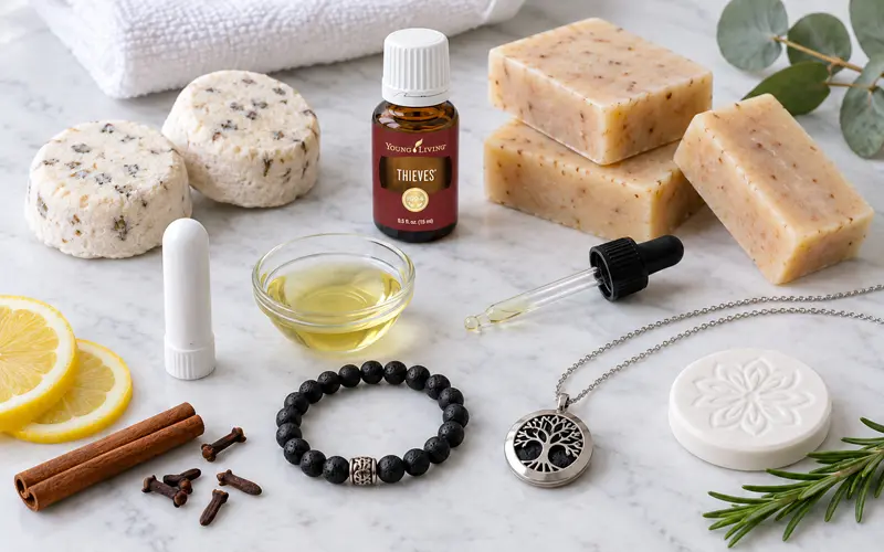 Thieves oil displayed with shower steamers, handmade soap, an aroma inhaler, and diffuser jewelry