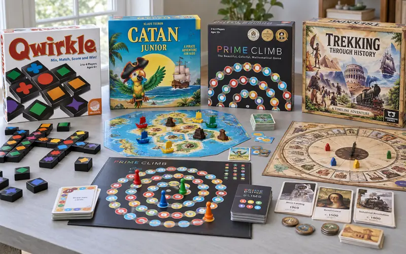 Qwirkle, CATAN Junior, Prime Climb, and Trekking Through History games for older kids