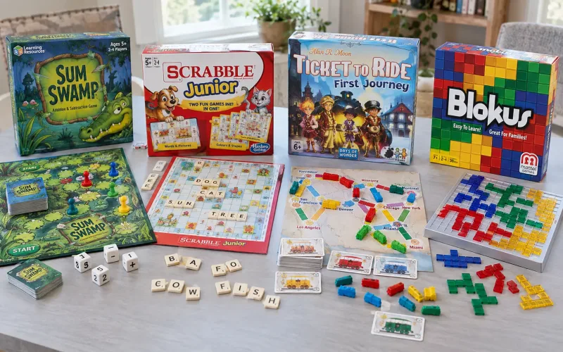 Sum Swamp, Scrabble Junior, Ticket to Ride, and Blokus games for ages 5 to 8