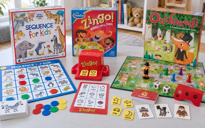 Sequence for Kids, Zingo, and Outfoxed educational games for preschoolers