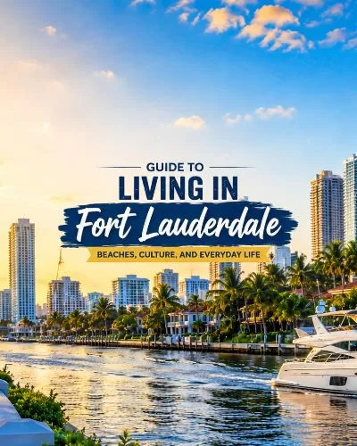 Fort Lauderdale featured image with tropical waterfront canals, luxury yachts, palm trees, skyline buildings, and centered title graphic about living in Fort Lauderdale.