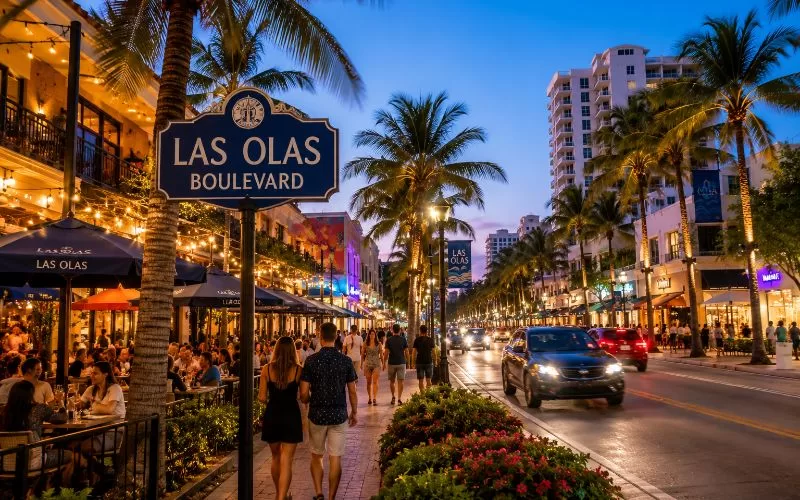 Las Olas Boulevard at night with palm trees, outdoor dining, shops, glowing lights, and people walking along the street.