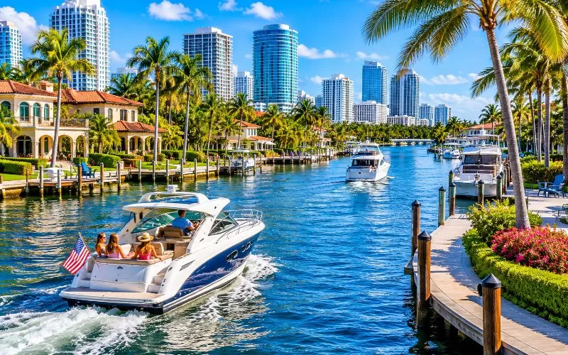 Fort Lauderdale canal with luxury boats, waterfront homes, palm trees, and downtown skyline on a sunny day.