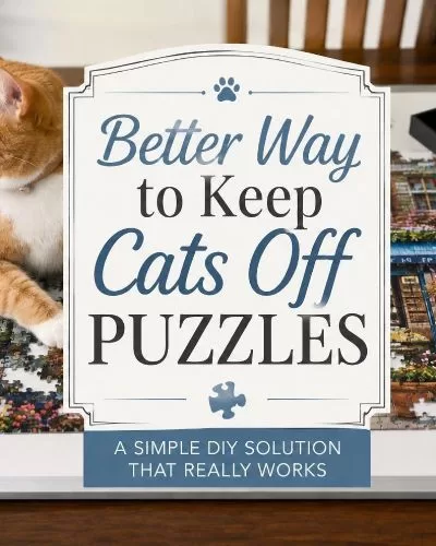 Orange and white cat relaxing on a puzzle board beside a partially completed jigsaw puzzle with decorative title overlay.