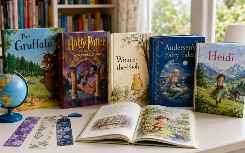 The Gruffalo, Harry Potter, Winnie-the-Pooh, Andersen’s Fairy Tales, and Heidi displayed together.