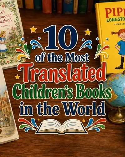 10 of the Most Translated Children’s Books in the World surrounded by classic books and a globe.