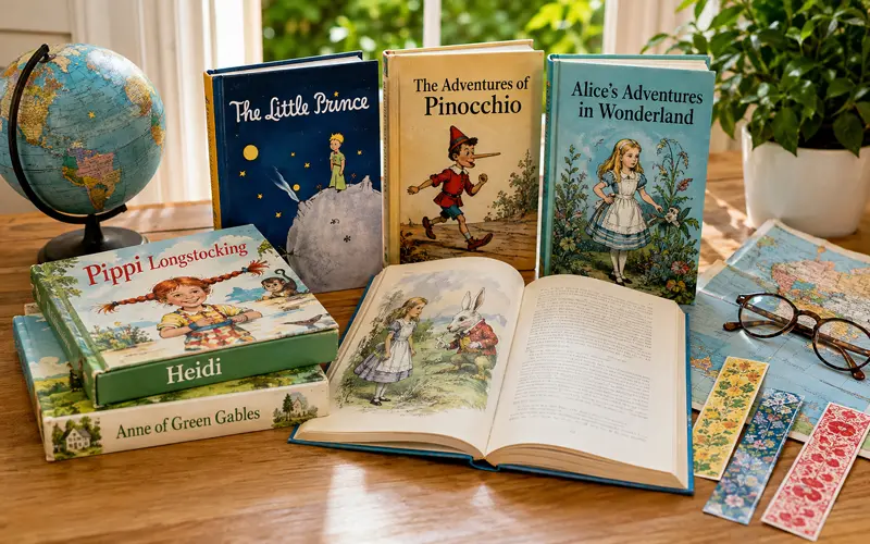 The Little Prince, Pinocchio, Alice in Wonderland, and other translated children’s books arranged beside a globe.