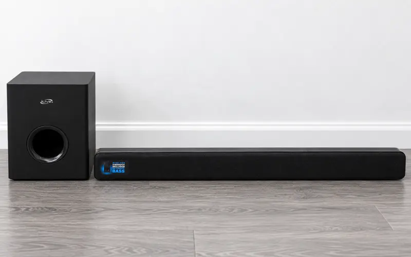 iLive 37-inch soundbar and wireless subwoofer displayed together on gray flooring