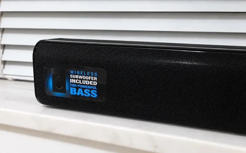 Close-up of the iLive soundbar grille and wireless subwoofer label