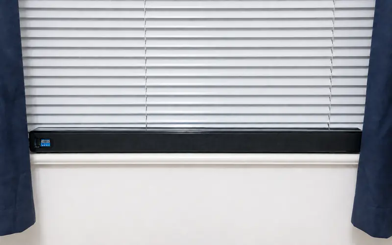 Full iLive soundbar positioned on a white windowsill beneath window blinds
Title: iLive 37-Inch Soundbar
