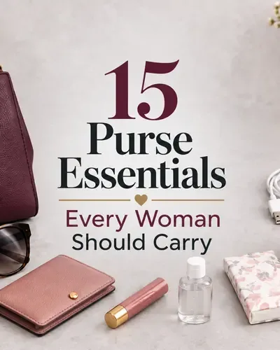 Handbag and everyday essentials with the title 15 Purse Essentials Every Woman Should Carry