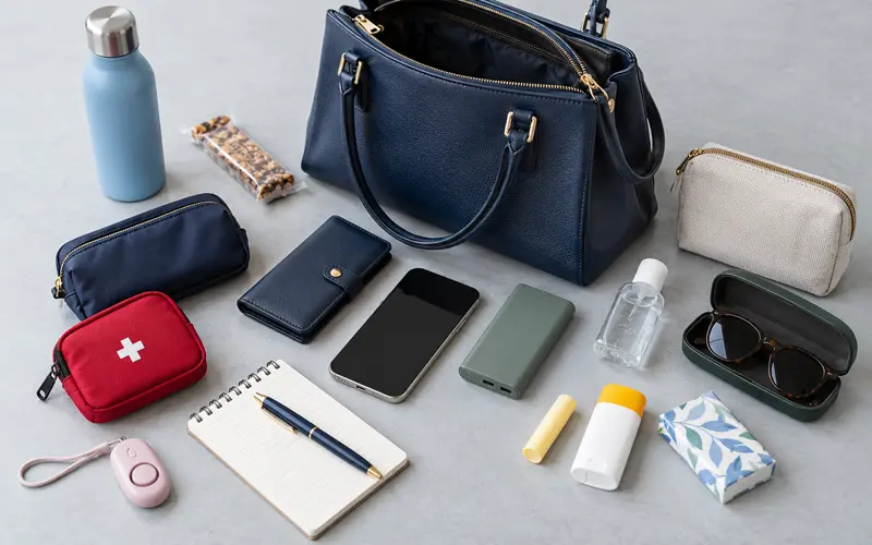 Organized purse essentials arranged beside a stylish everyday handbag