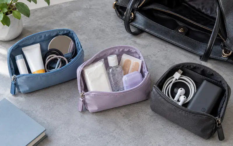 Small zippered pouches used to organize purse essentials