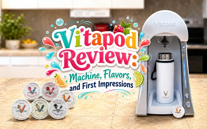 Colorful Vitapod review graphic with drink machine, reusable bottle, flavor pods, fruit, and water droplets