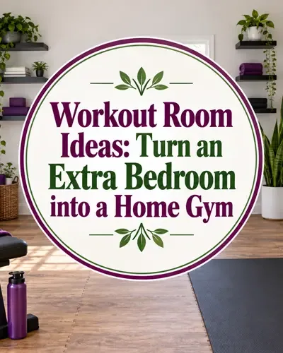 Organized home workout room with dumbbells, exercise bench, television, and centered Workout Room Ideas article title.
