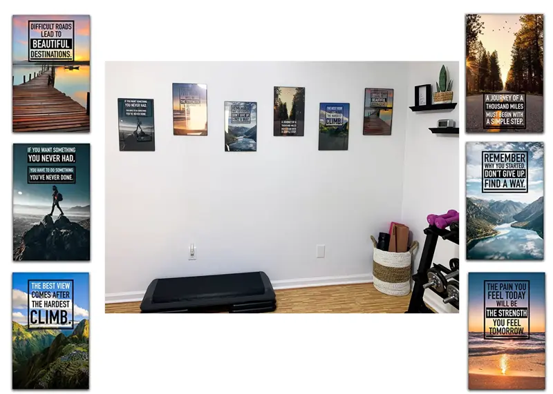 Home gym wall decorated with six framed motivational fitness posters above a step bench.