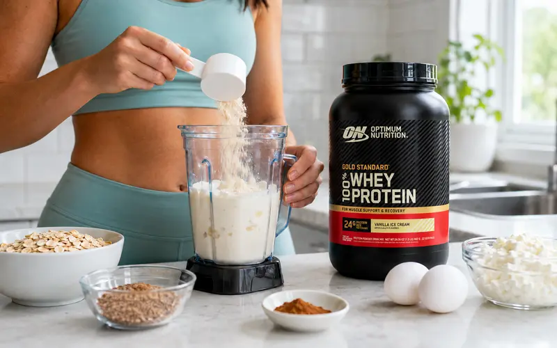 Woman adding whey protein powder to a morning shake.