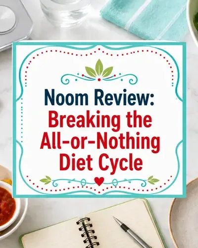 Noom review graphic featuring a scale, smartphone, healthy foods, chips, salsa, and a brownie.