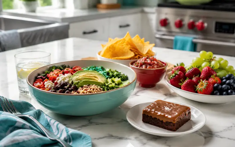 Balanced everyday foods with a grain bowl, fresh fruit, tortilla chips, salsa, and a salted caramel brownie.