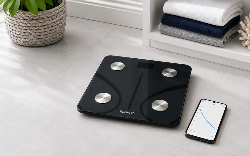 RENPHO Smart Scale beside a smartphone showing a weight progress graph.