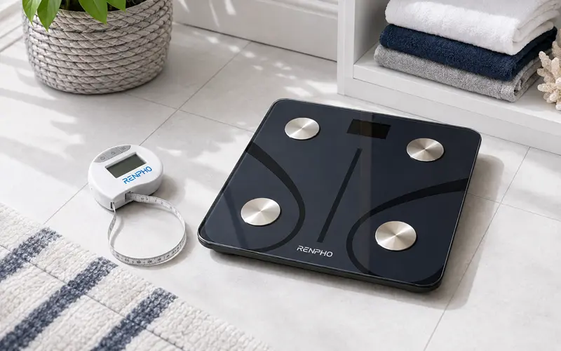 RENPHO Smart Scale and Smart Tape Measure displayed together in a bright coastal-style bathroom.