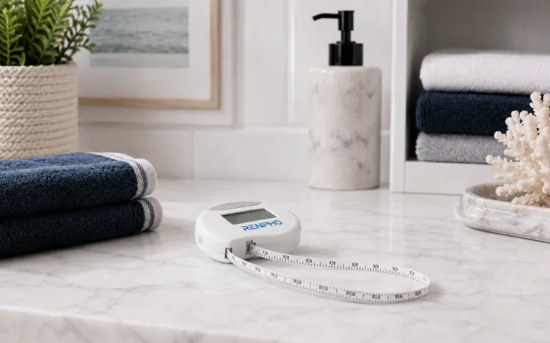 Original white RENPHO Smart Tape Measure with the measuring tape extended on a light marble bathroom counter.