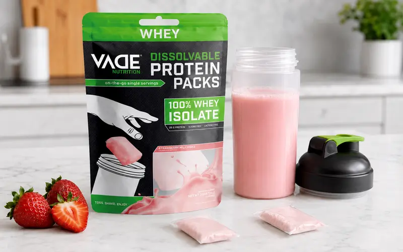 VADE Nutrition strawberry protein powder with small pink dissolvable packs and a prepared shake