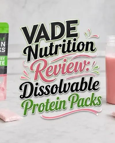 VADE Nutrition review featuring strawberry dissolvable protein packs and a prepared shake
