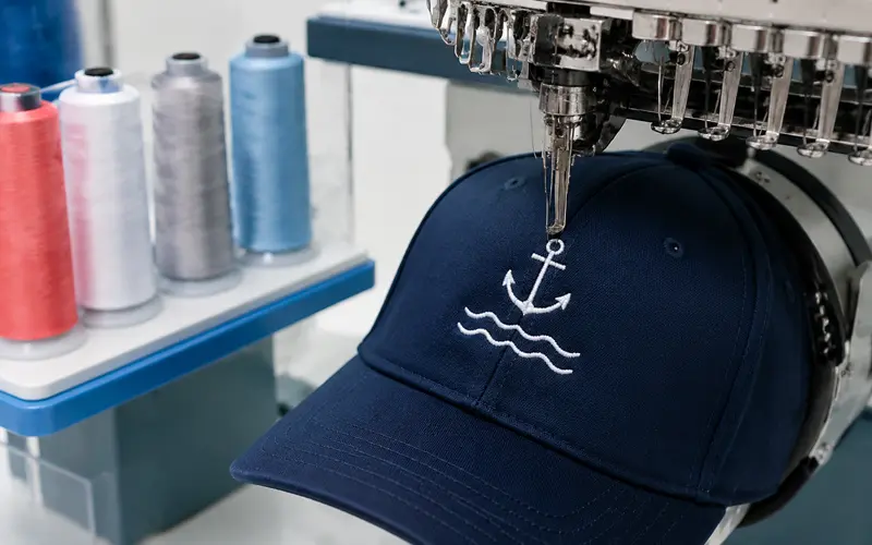 Embroidery machine stitching a coastal design onto a navy baseball cap.