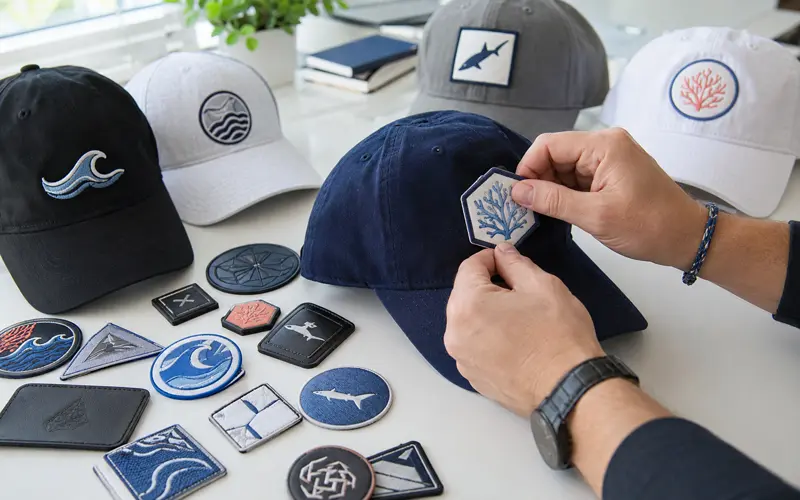 Different decorative patches being arranged on a navy baseball cap for a custom hat design.