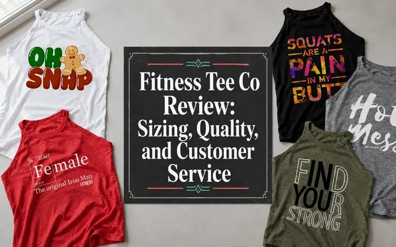 Fitness Tee Co shirts surrounding the title Fitness Tee Co Review: Sizing, Quality, and Customer Service