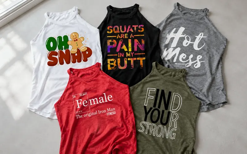 Collection of Fitness Tee Co rocker tank tops featuring colorful fitness sayings