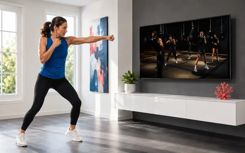 Woman following a Les Mills On Demand martial-arts-inspired workout on her television at home.