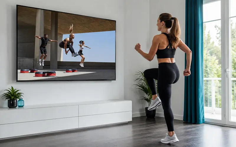 Woman modifying a Les Mills On Demand workout by marching instead of jumping.