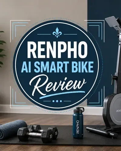RENPHO AI Smart Bike Review title graphic over a modern home gym