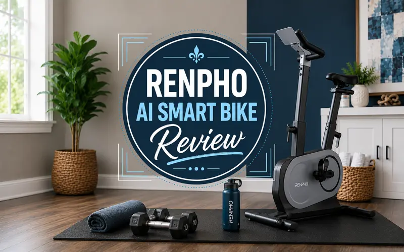 RENPHO AI Smart Bike Review title graphic over a modern home gym