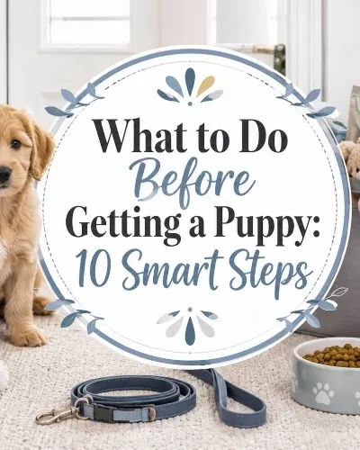 Puppy sitting in a bright modern home with puppy supplies, a leash, dog bed, food bowl, toys, and centered title text about getting a puppy.