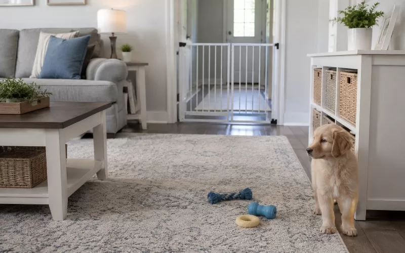Puppy-safe living room with a baby gate, tucked-away storage, soft blue accents, chew toys, and a curious puppy near the side of the room.