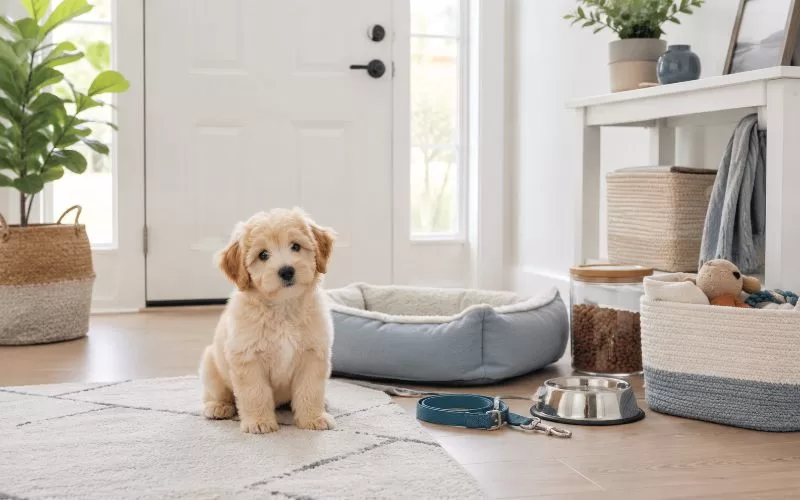 Small puppy sitting in a bright modern entryway beside a dog bed, leash, water bowl, toys, and neatly arranged puppy supplies.