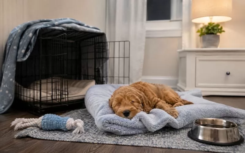 Small puppy sleeping on a soft blanket near an open crate, chew toy, water bowl, and cozy evening home setup.