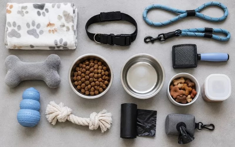 Flat-lay of puppy supplies including a collar, leash, food and water bowls, toys, grooming brush, blanket, waste bags, and training treats.Flat-lay of puppy supplies including a collar, leash, food and water bowls, toys, grooming brush, blanket, waste bags, and training treats.