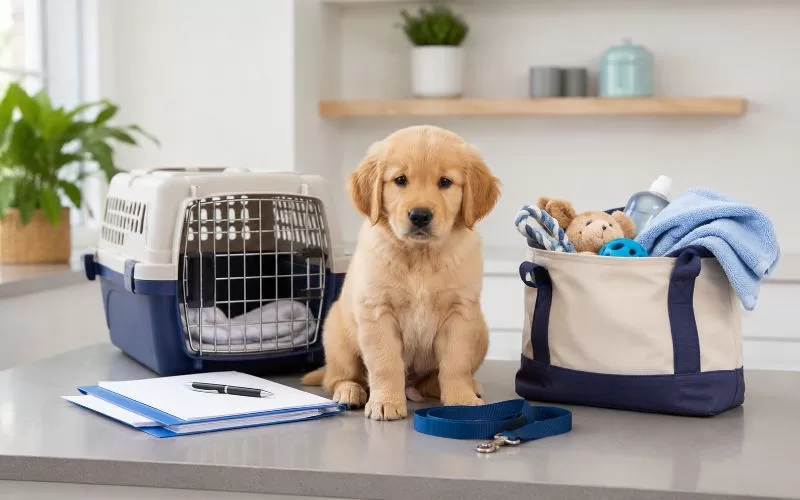 Puppy sitting beside a pet carrier, leash, folder, and bag of puppy supplies in a bright calm home setting.