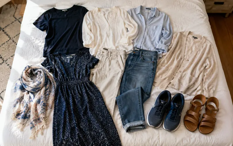 Coordinated travel clothing arranged into several mix-and-match outfit combinations.