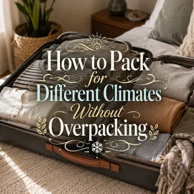 Organized mixed-climate travel wardrobe with the words How to Pack for Different Climates Without Overpacking.